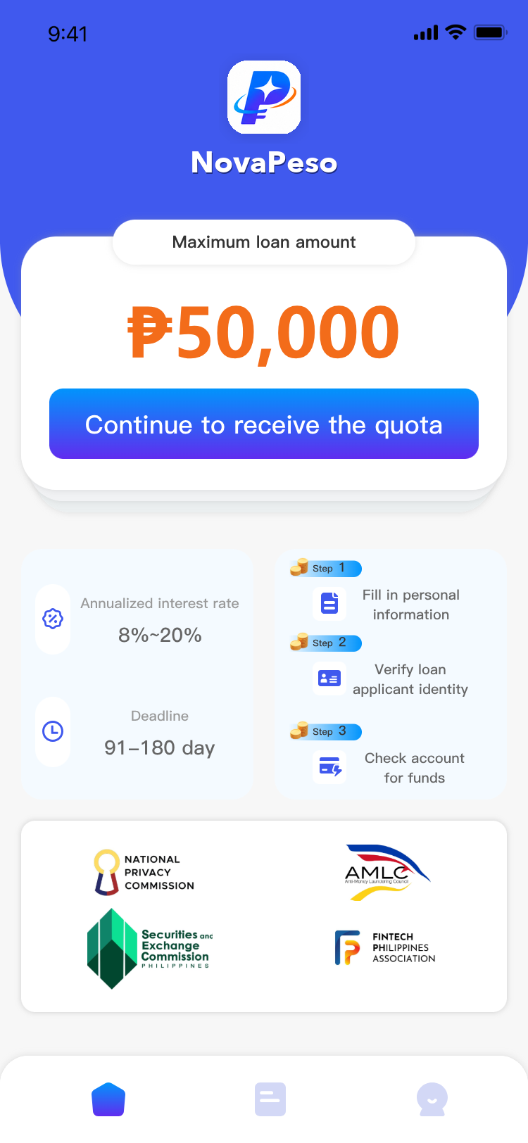 NovaPeso app home screen showing a loan amount and verification steps